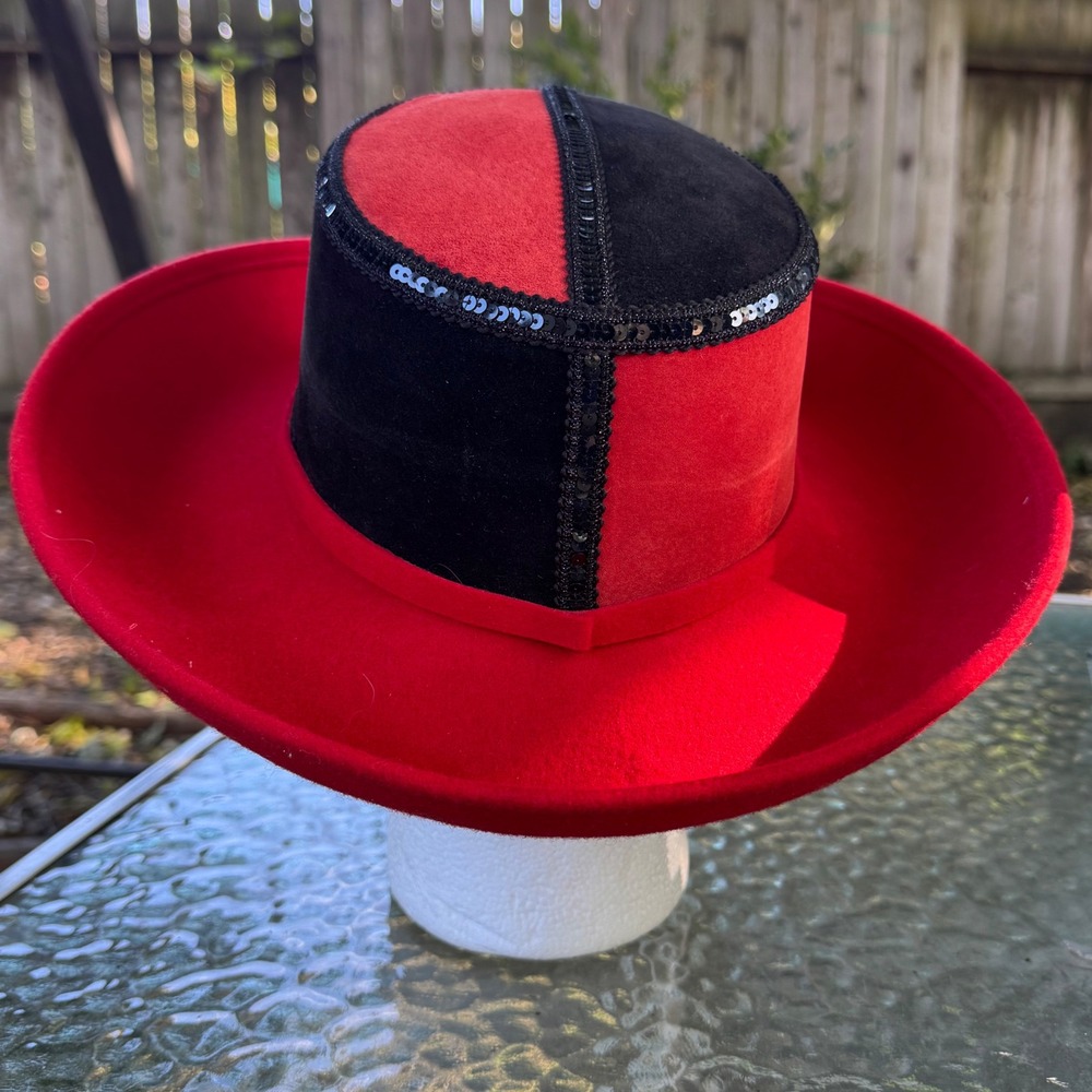 Sonni San Francisco Vintage Red Black Wool Felt Sequin Trim Wide Brim Hat USA